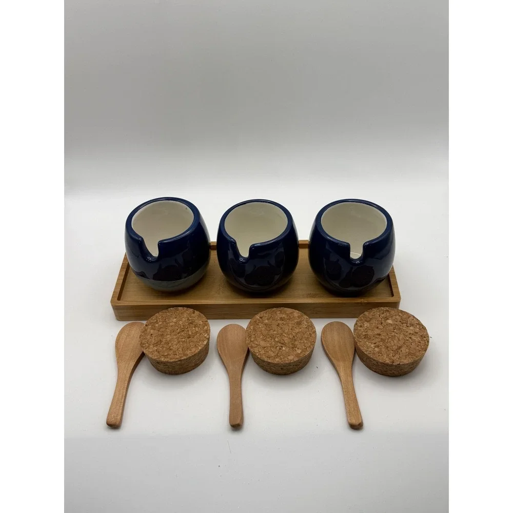 Blue Ceramic Condiment Jar Set with‎ Cork Lids Wooden Spoons and Bamboo Tray NEW